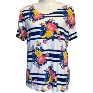 White Stag Xl white & blue stripes, floral design, short sleeve scoop neck